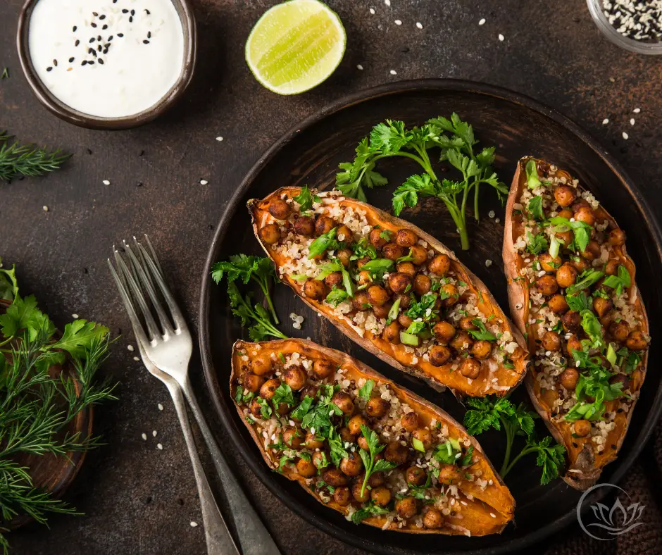 chickpea and veggie stuffed sweet potatoes