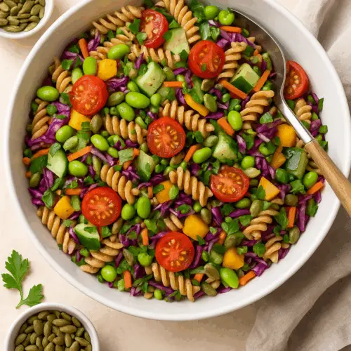 vegan summer rainbow pasta salad