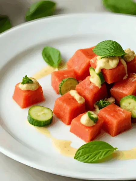 Vegan Watermelon Cucumber Mint Salad with Lime-Tahini Drizzle