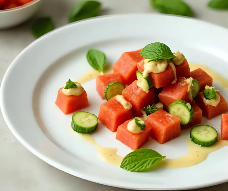 Vegan Watermelon Cucumber Mint Salad with Lime-Tahini Drizzle